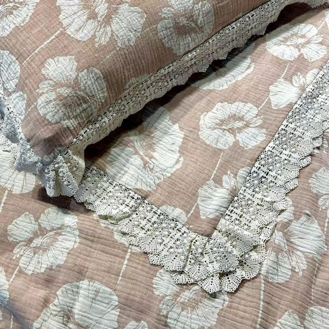 【超级红】粉黛(花边款) 天然亚麻色织提花棉麻四件套法式大花边