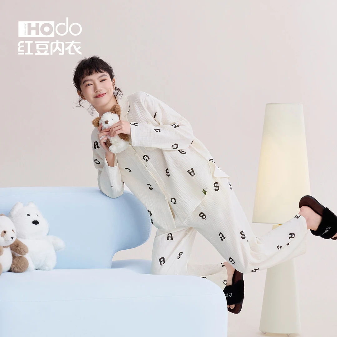 红豆纯棉睡衣女士春秋款透气宽松大码A类双层纱布柔软长袖家居服