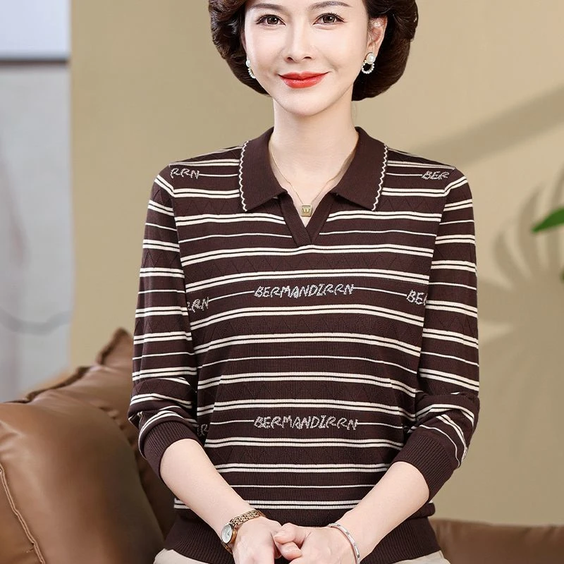 洋气2025妈妈上衣条纹针织衫毛衣长袖新款中老年宽松翻领打底T恤