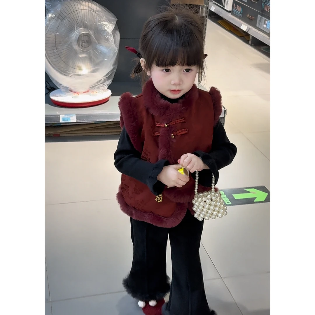 现货唐装套装2024秋冬装宝宝中式加厚保暖背心坎肩儿童喜庆拜年服