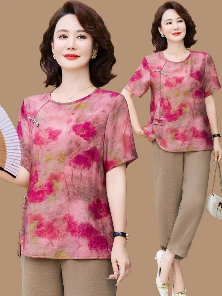 夏季60-70岁妈妈套装雪纺短袖t恤洋气宽松中老年女大码遮肉两件套