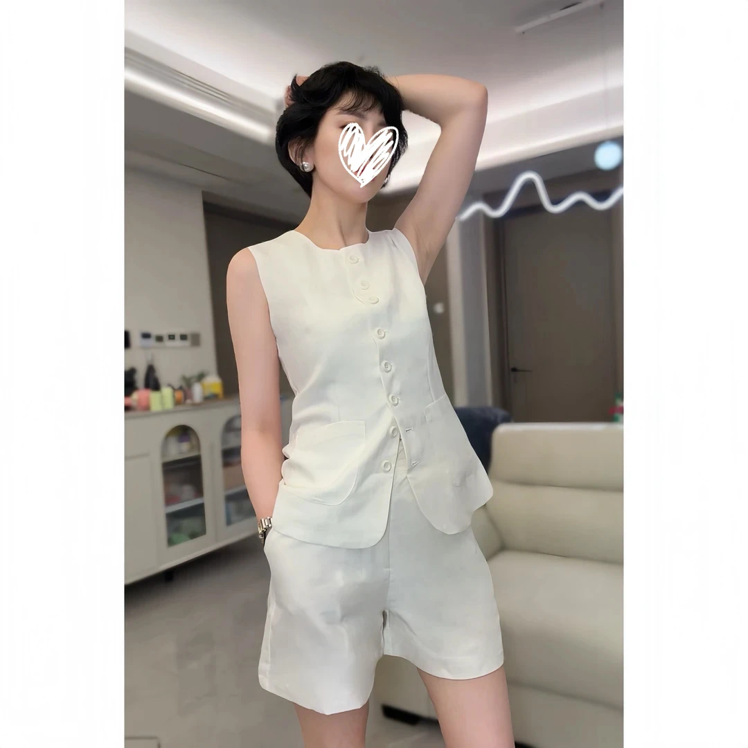 老钱风松弛感女装修身法式小香风马甲背心纯色短裤套装洋气衣服女