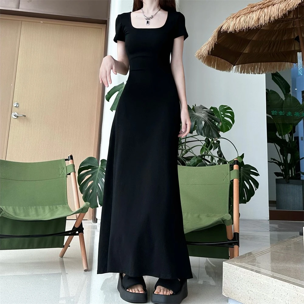 夏季新款修身显瘦气质连衣裙法式大摆短袖名媛风长裙女