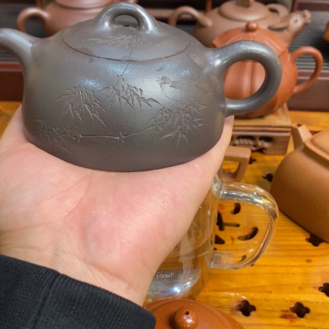 紫砂茶壶紫砂壶天青半月刻绘