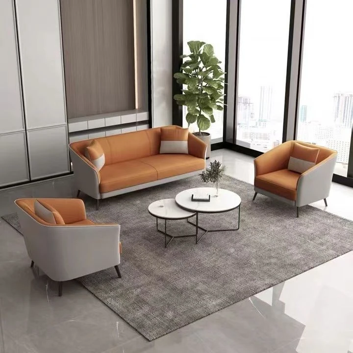 办公室沙发茶几组合简约现代商务会客接待洽谈轻奢真皮实木三人位