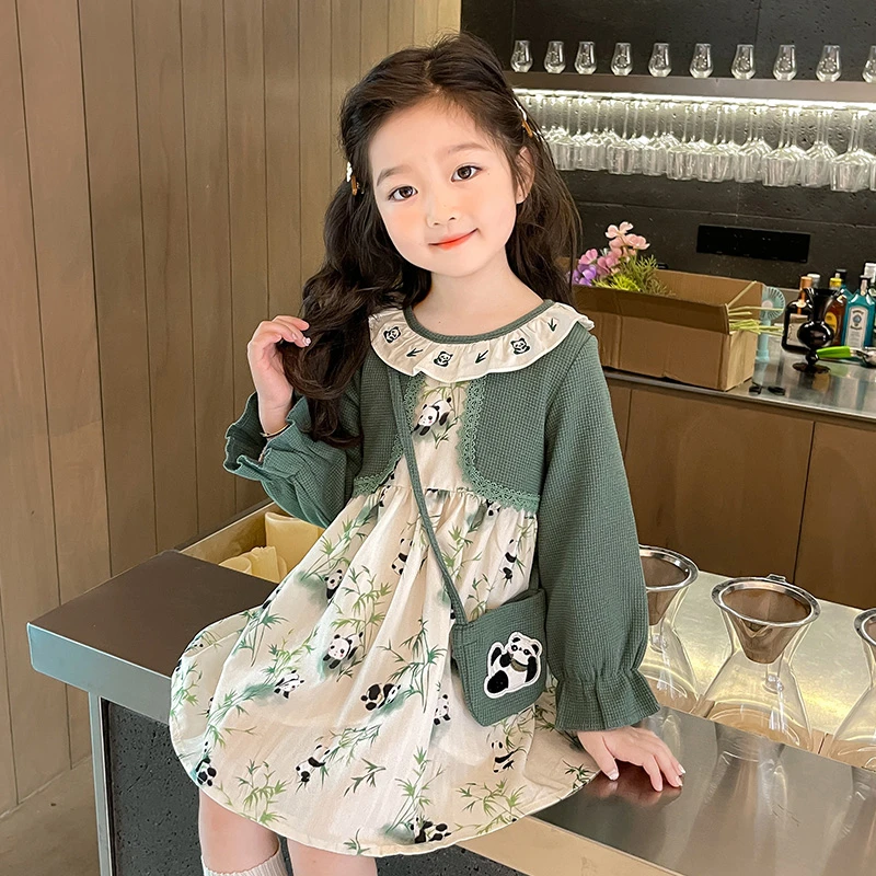 女童连衣裙春秋2025新款女孩春季公主裙子儿童春装假两件碎花裙子