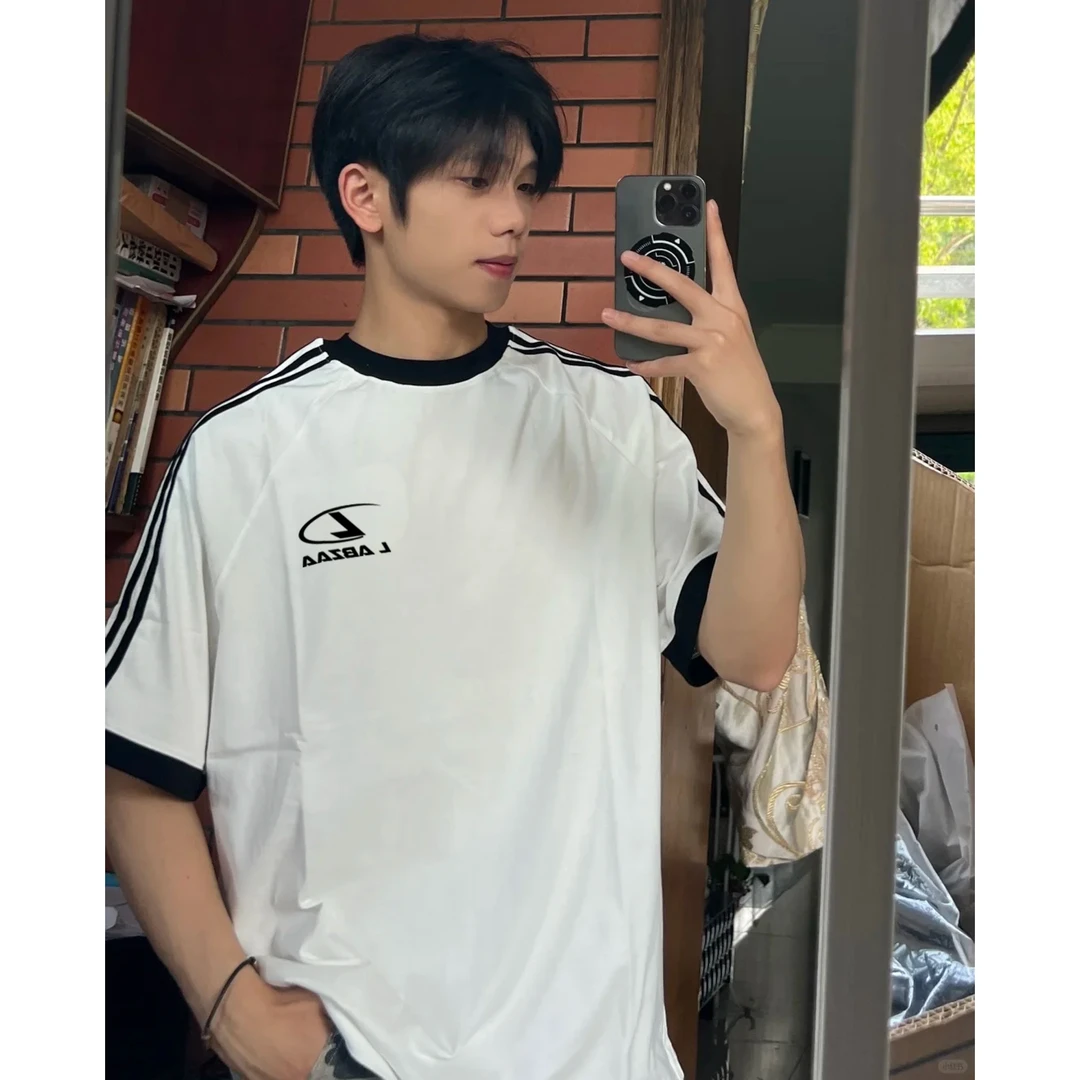 100%纯棉美式简约个性ins字母印花短袖t恤男女夏季休闲三条杠上衣