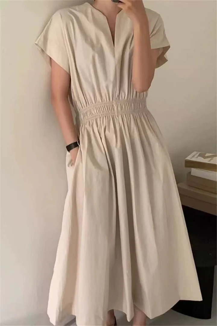 7009松紧腰A字裙V领休闲风夏季连衣裙收腰复古小个子宽松