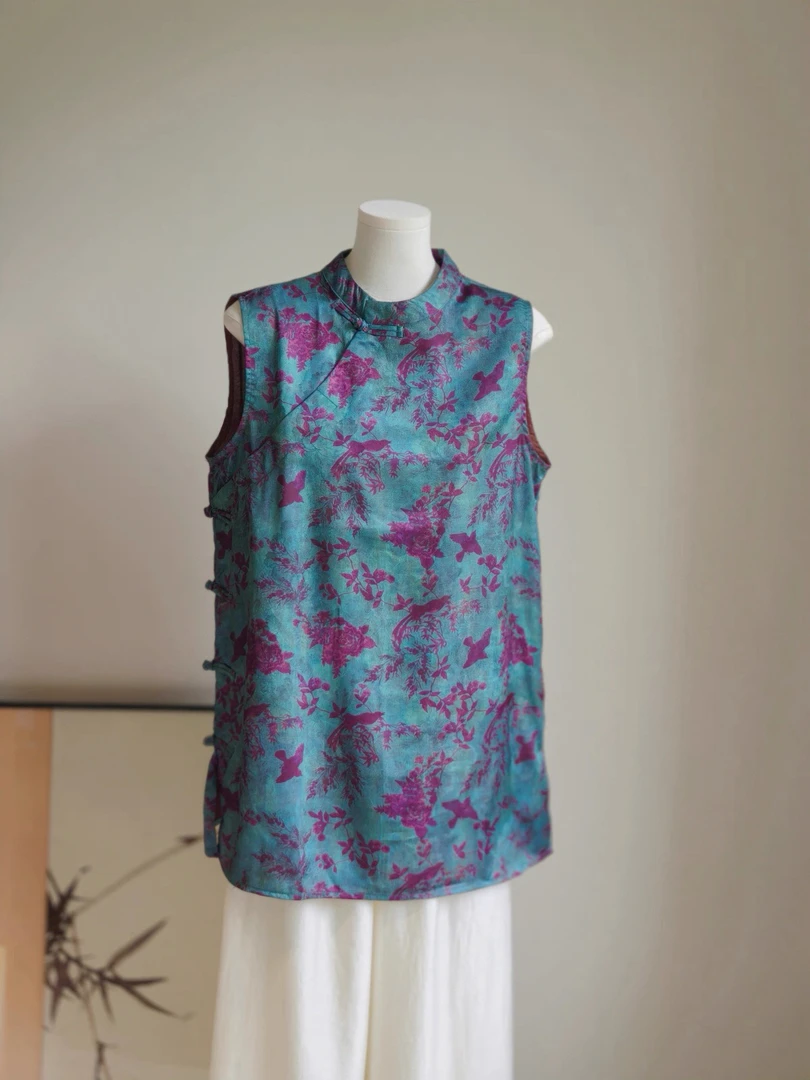 新中式国风盘扣印花无袖衬衫2025夏季高级感洋气减龄气质国风上衣