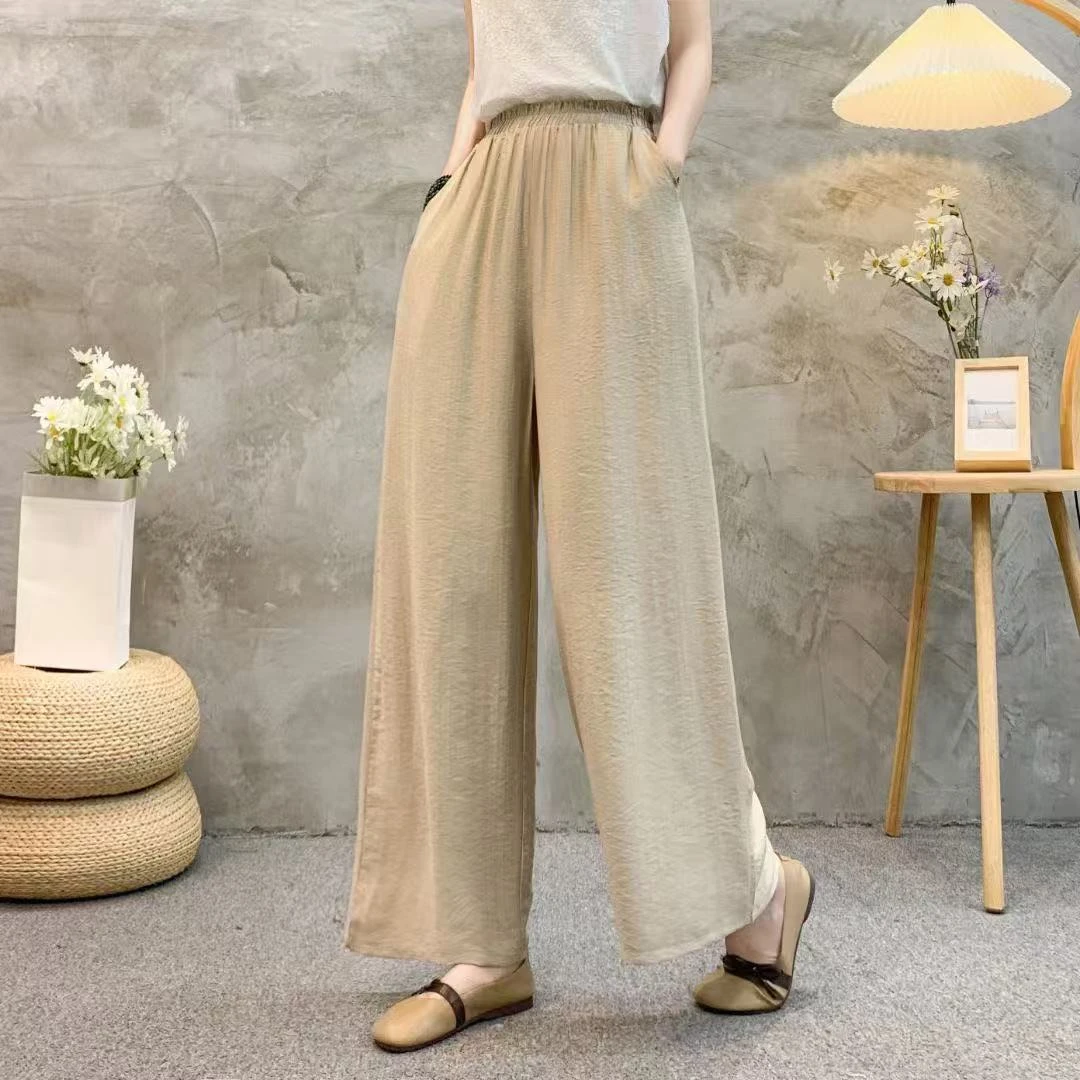 新款春夏复古文艺百搭松紧腰阔腿裤