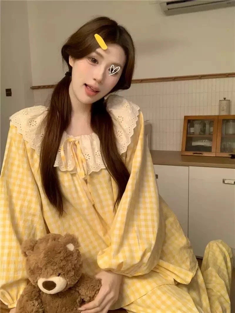 泡泡棉黄色格子软糯甜美长袖家居服睡衣套装