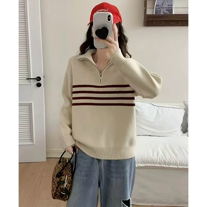 秋冬半拉链条纹红色毛衣女款2025新款宽松百搭外穿洋气打底针织衫