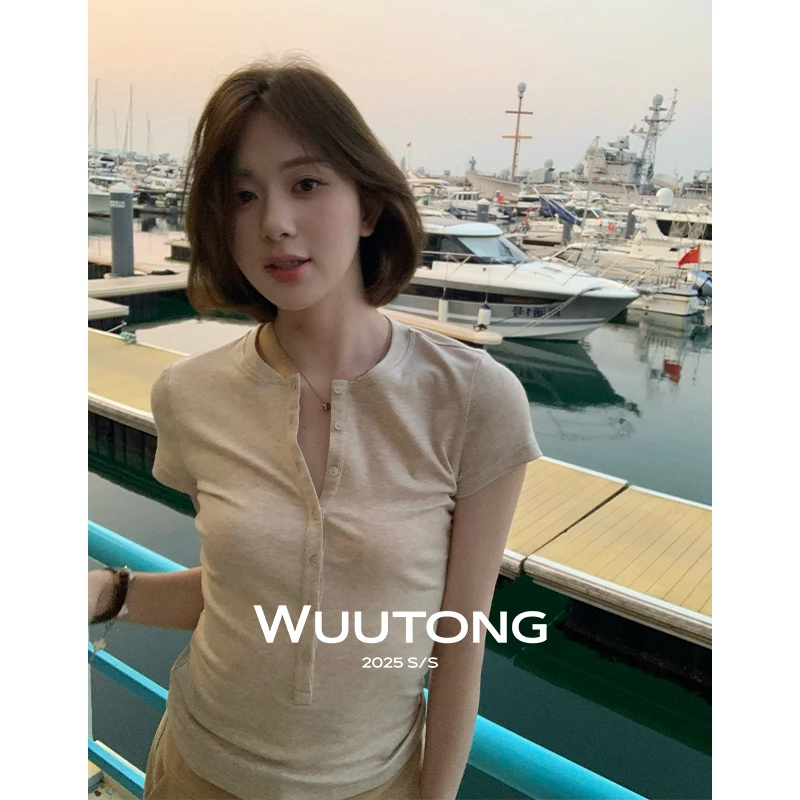 WuuTong 【亨利夏】夏季亨利领日系气质显瘦百搭针织设计感短袖T恤