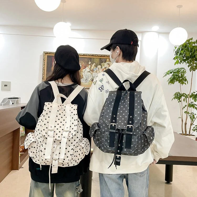 2025韩国小众代复古日系波点口袋双肩包书包背包大容量棉休闲包