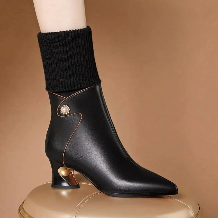 212针织不过膝长筒靴女冬季新款韩版气质细跟尖头女靴高跟时装靴
