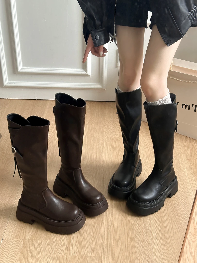 棕色小个子厚底长筒靴女2025年新款秋冬显瘦高筒骑士靴不过膝长靴