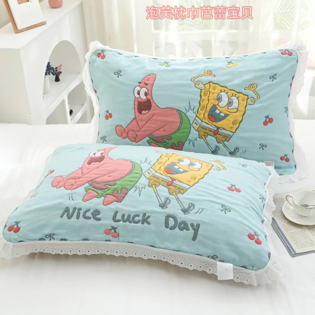 (海绵芭蕾蓝)F花边纱布泡芙枕巾1对装透气可爱柔软加厚吸汗加大