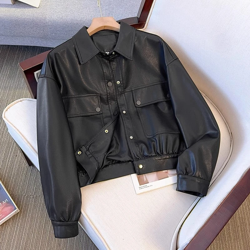 拉夏贝尔翻领皮衣女春秋季2025新款小个子PU皮机车服皮夹克短外套