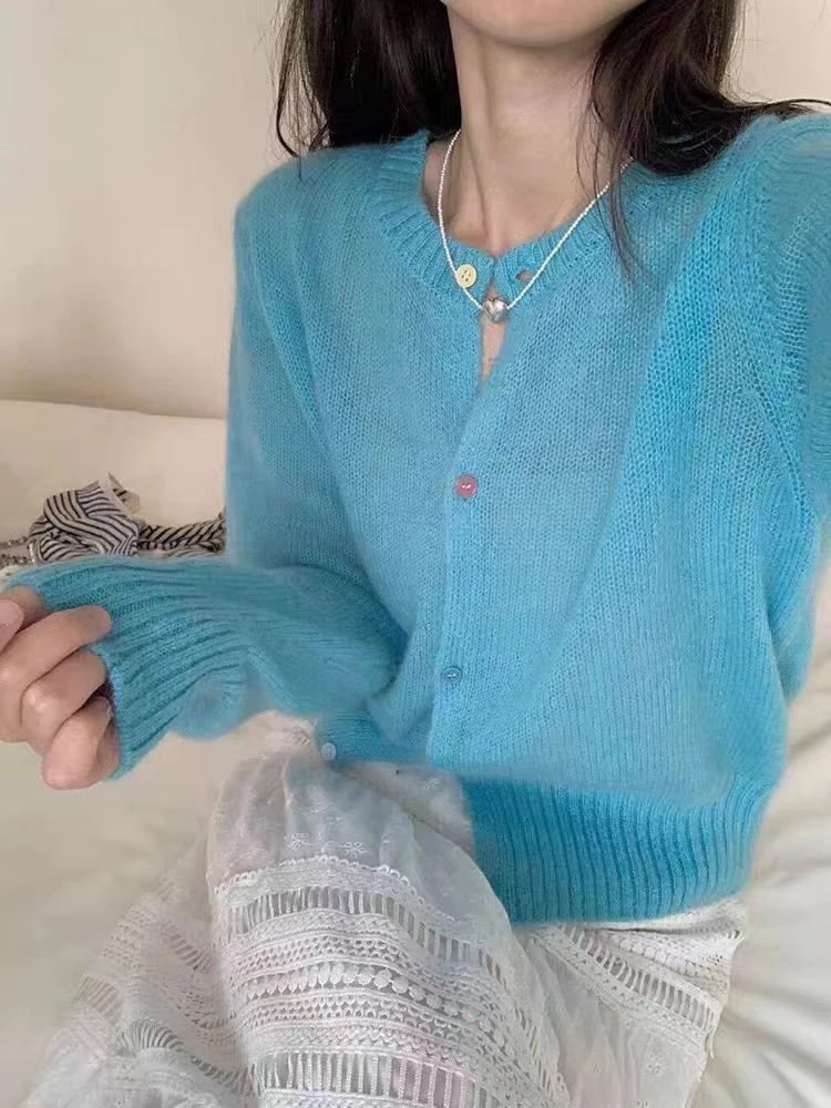 新款纯羊毛圆领开衫气质百搭短款针织毛衣简约通勤长袖打底开衫女