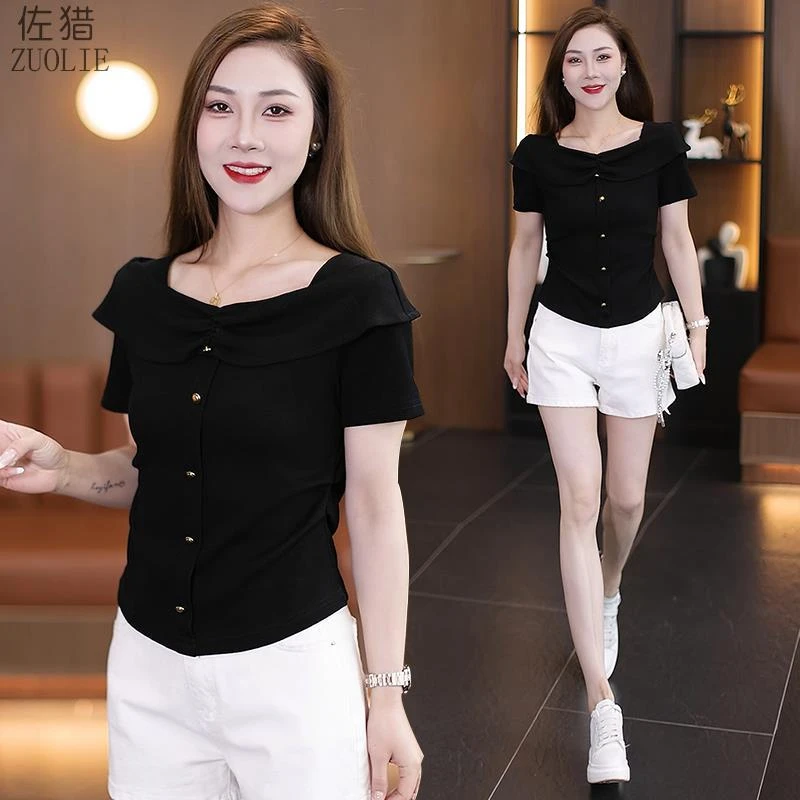 时尚气质一字肩短款短袖T恤女2025夏季新款修身显瘦洋气百搭小衫