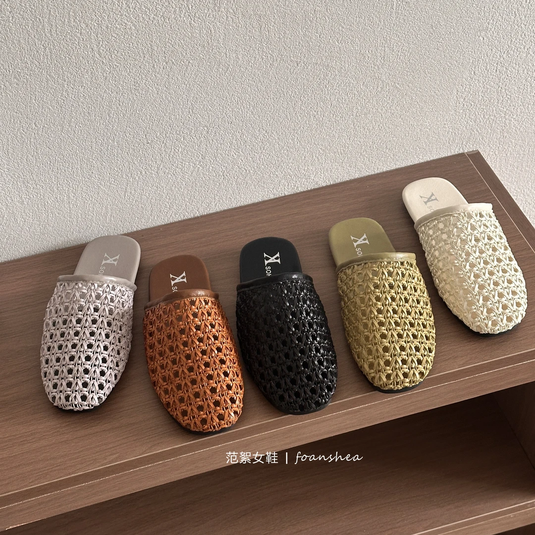夏季外穿包头编织平底低跟中古文艺百搭透气镂空森系舒适包头拖