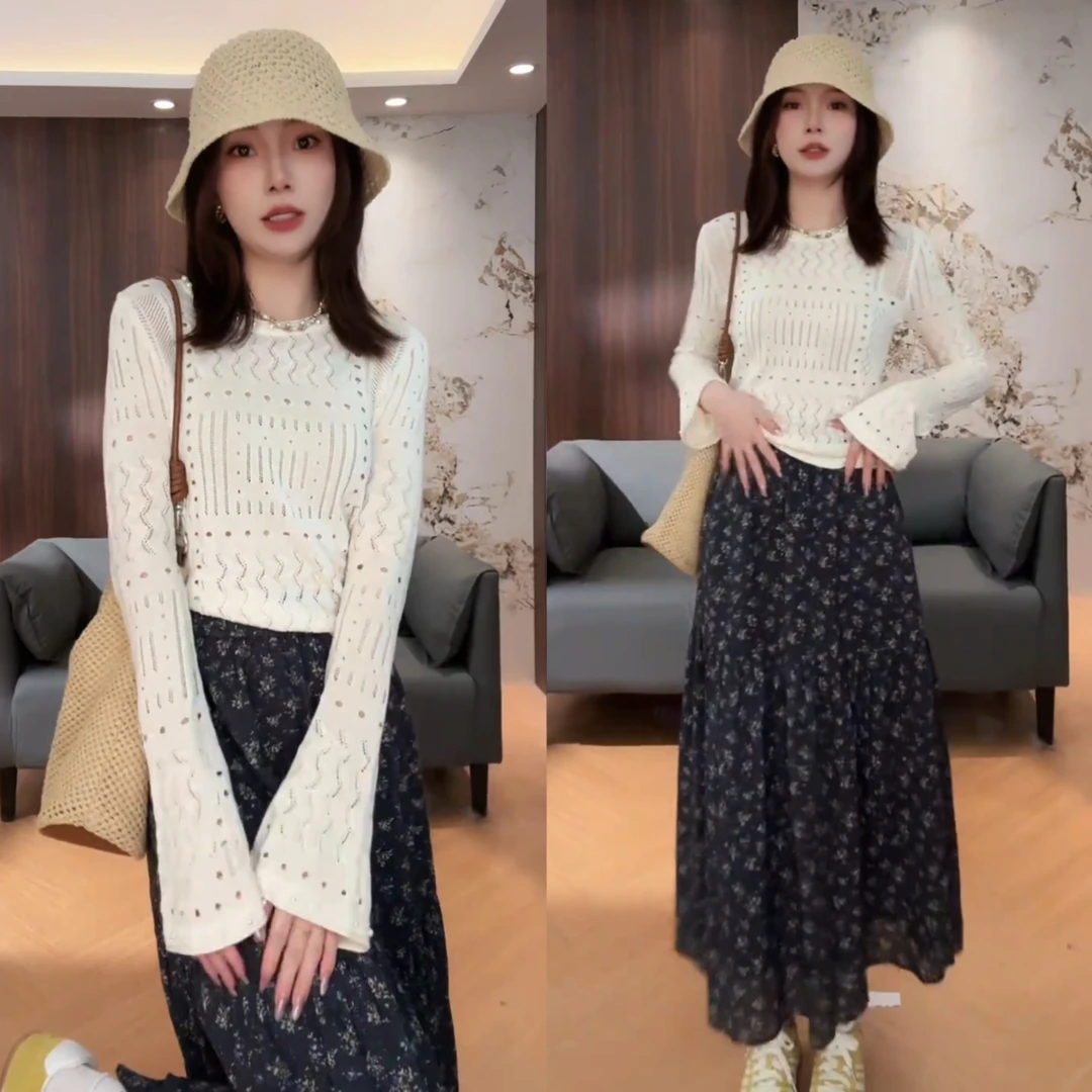 欧若风早春穿搭一整套慵懒风长袖针织镂空半身裙套装时尚洋气衣服
