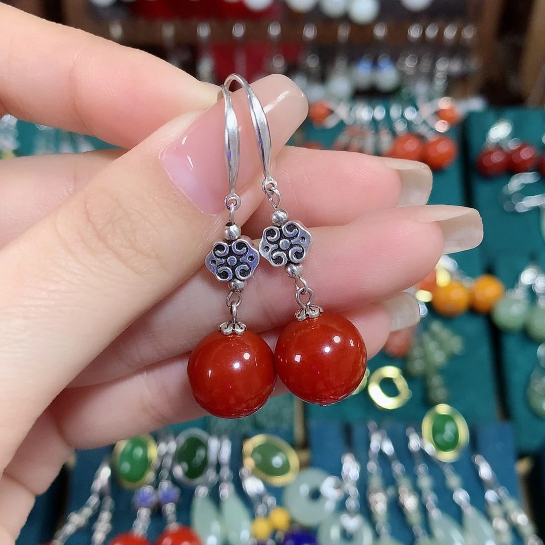 玛瑙/玉髓耳饰银S925镶嵌天然红玛瑙12mm左右（锦红）