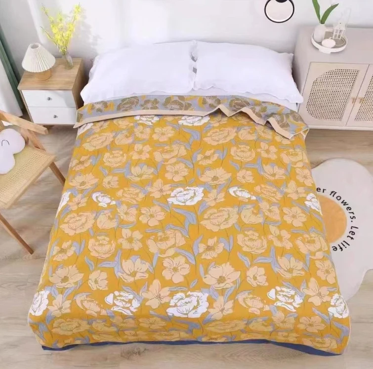 【梁总专属】黄色富贵花纱布盖毯轻奢六层加厚柔软亲肤毛巾被