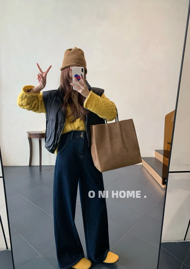 【欧尼家】宫家加绒普洗蓝牛仔阔腿裤