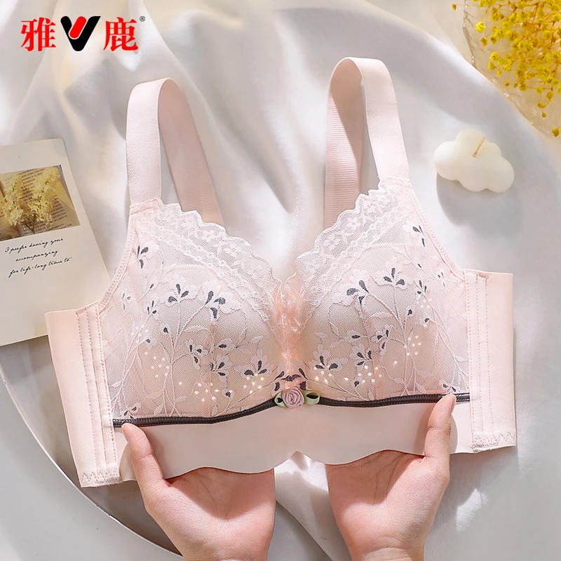 V/雅鹿春夏新款蕾丝调整型透气内衣上托大胸显小收副乳防下垂文胸