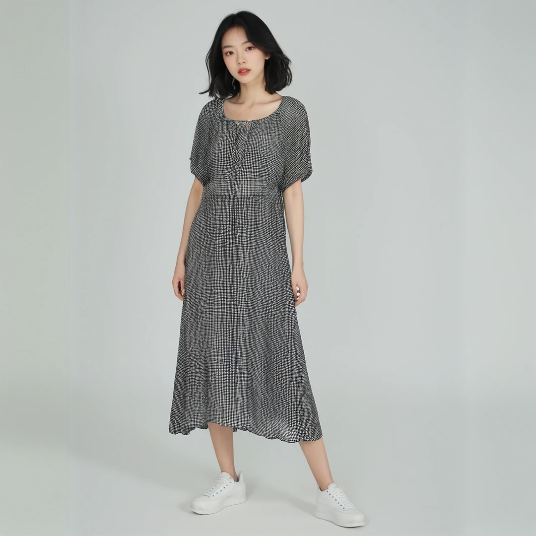 【女权贵族】高品质设计师打板夏季黑白格子连衣裙-3219
