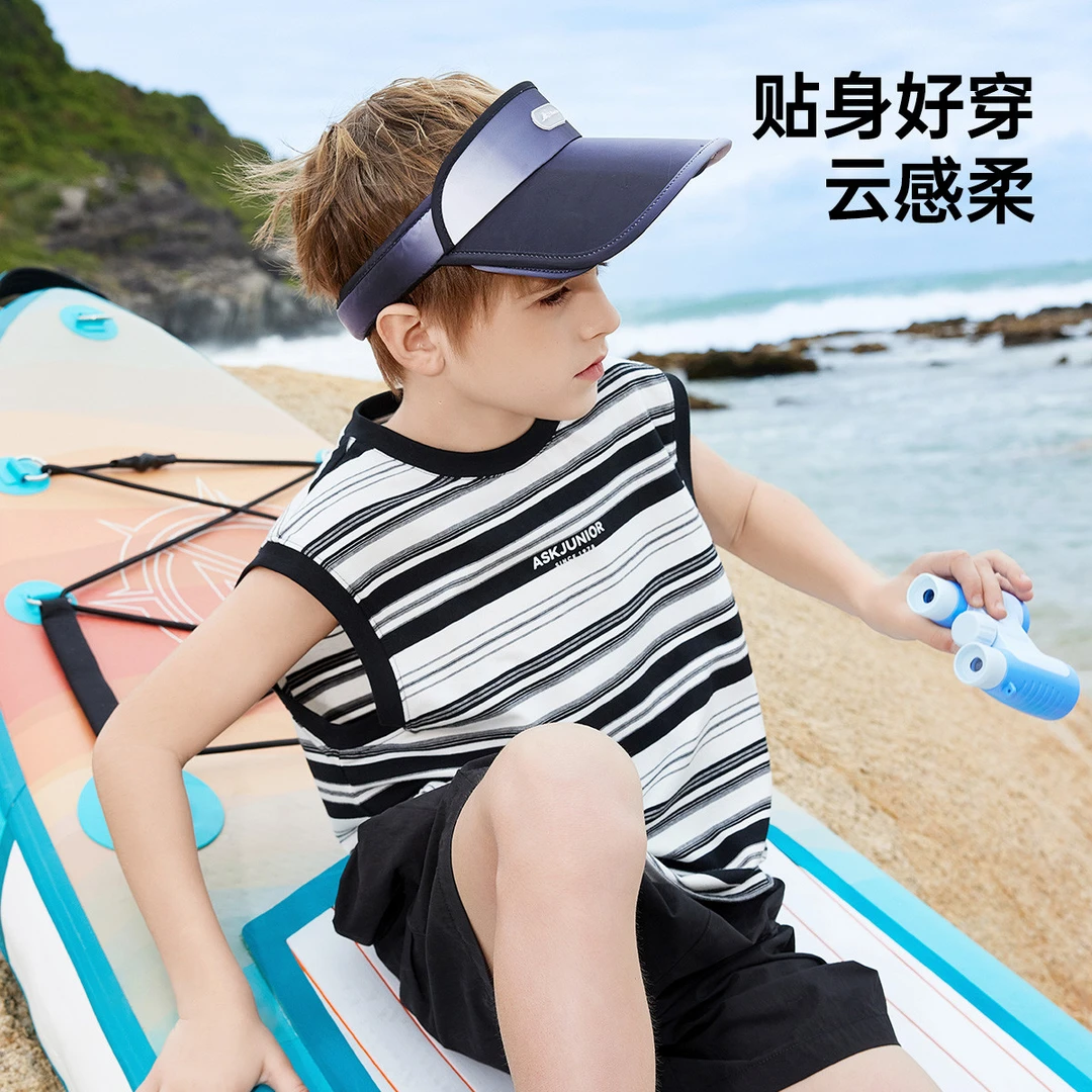 【福利】男童无袖T恤夏装儿童条纹字母印花休闲背心沙滩风运动风zb