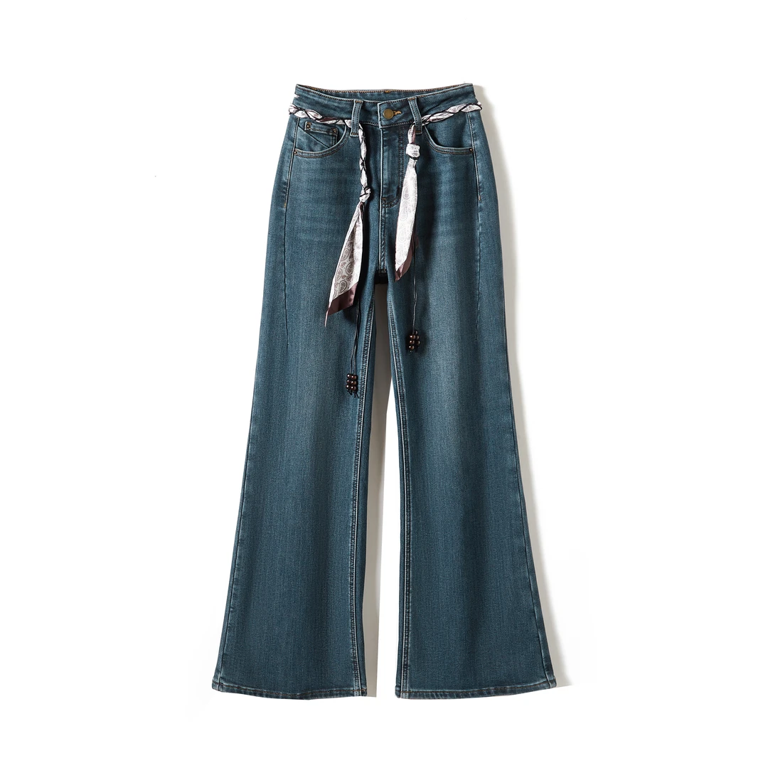 YNGVARR植绒阔腿喇叭裤复古高腰秋冬新款加绒宽松显瘦牛仔裤