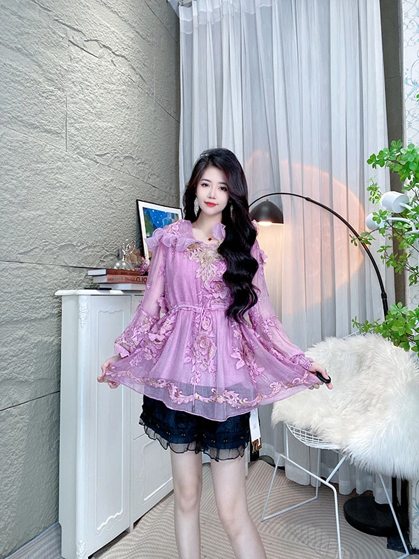 高级感立体刺绣连帽长袖真丝T恤上衣L8183-2紫色