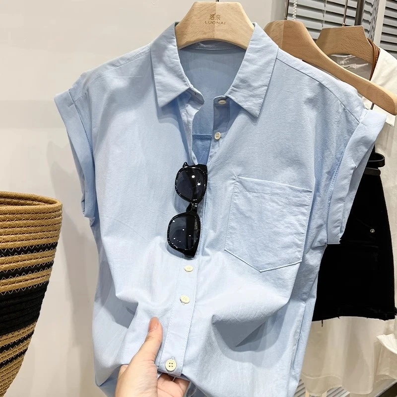 欧货蓝色衬衫女设计感小众夏季2025新款法式宽松显瘦短袖上衣衬衣