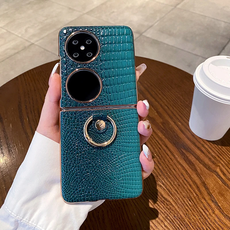适用华为pocket2真皮手机壳鳄鱼纹指环支架全包高级商务时尚防摔