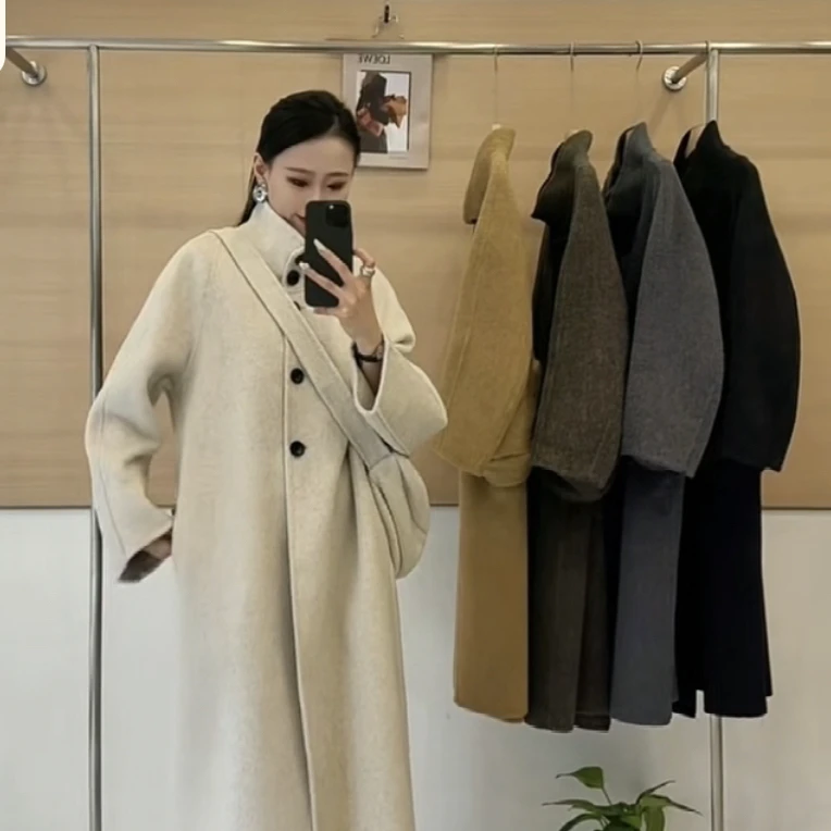 秋冬韩系时尚百搭慵懒立领二件套双面羊毛绒气质修身加厚长款潮