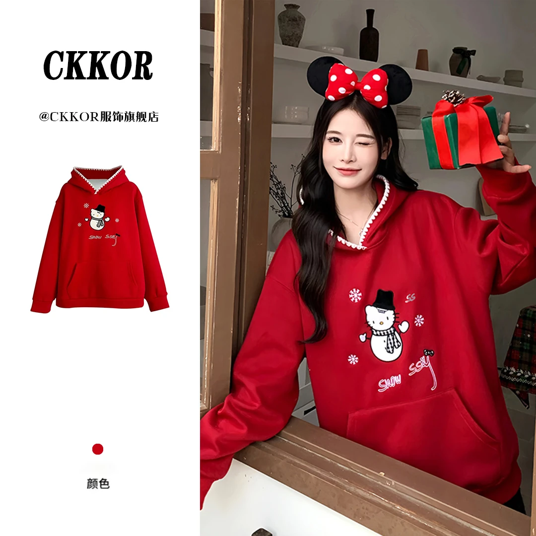 CKKOR春秋新款保暖加厚加绒红色卫衣女韩版休闲宽松刺绣连帽棉服