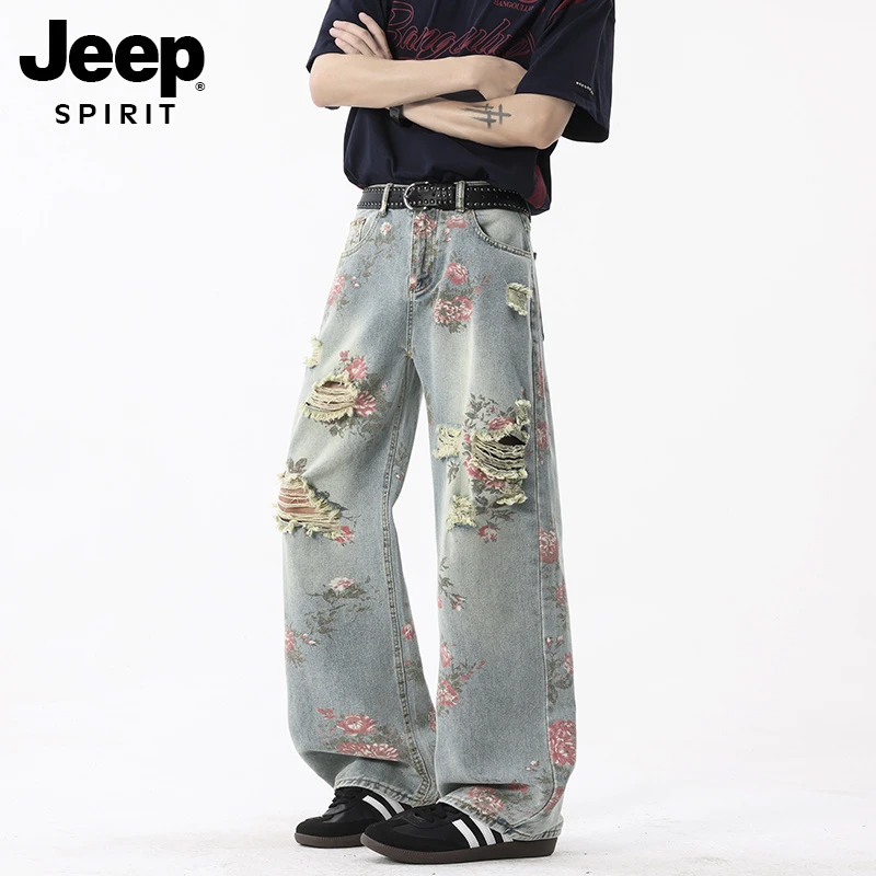 JEEPSPIRIT美式设计感印花暗黑宽松直筒破洞牛仔裤复古潮流水洗