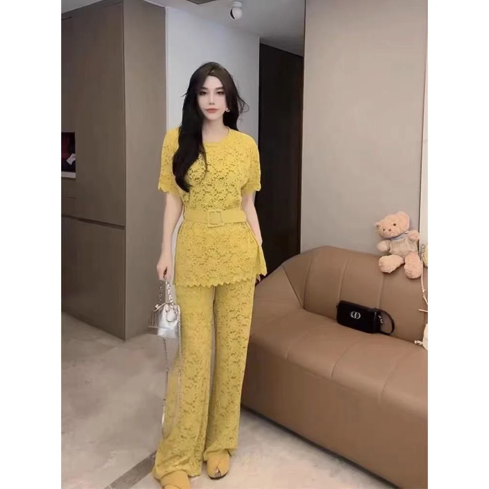 2025年春夏时髦新款高端欧货修身蕾丝上衣＋长裤套装女2500061