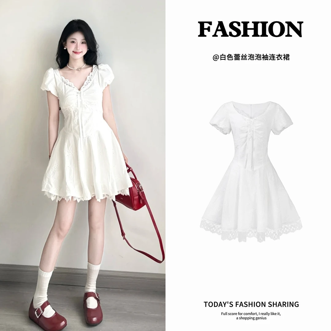 白色连衣裙短款巨好看初恋系小白裙夏日甜美短裙子女夏温柔白月光