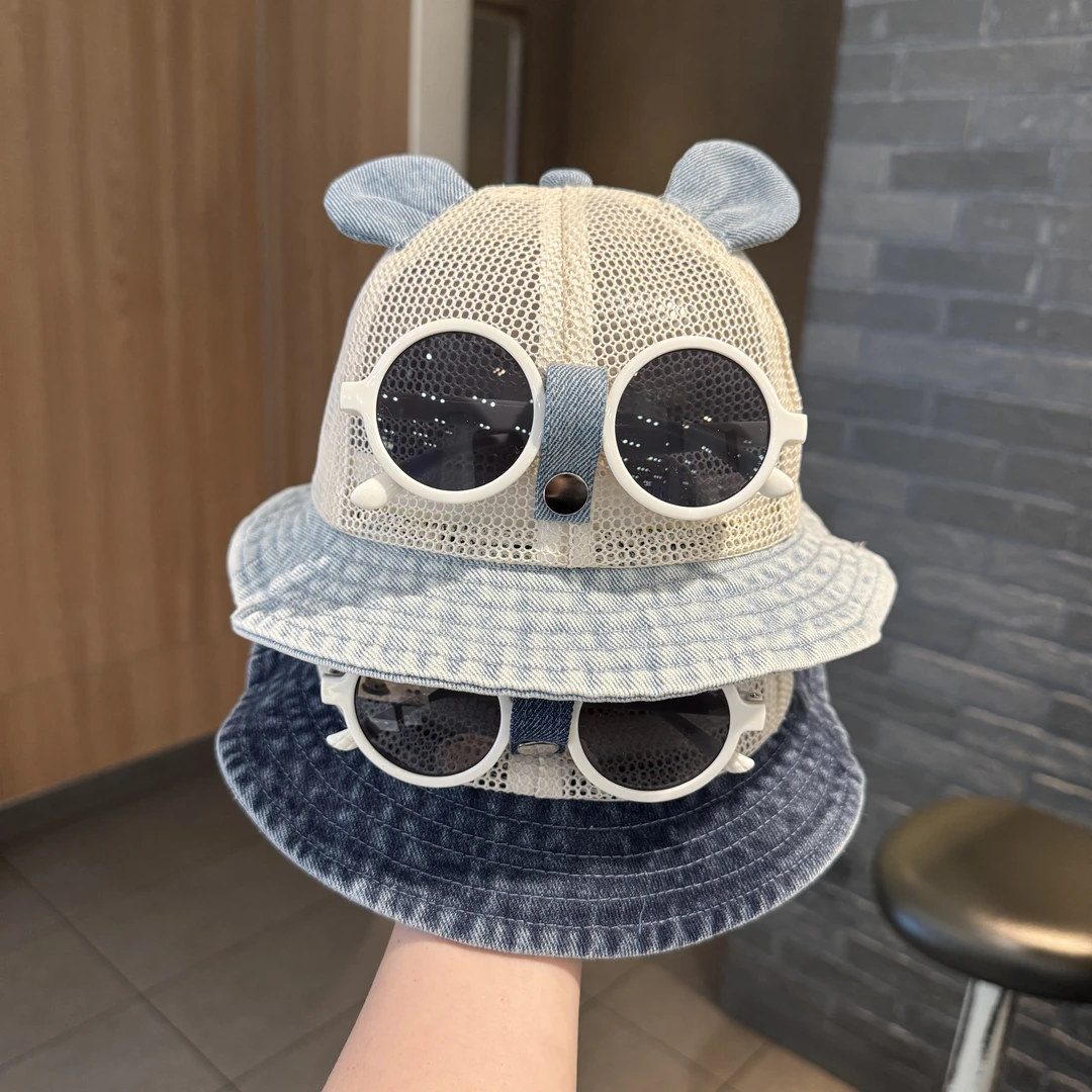 【酷小孩】墨镜可拆儿童网款牛仔渔夫帽夏季遮阳防晒宝宝户外水桶帽