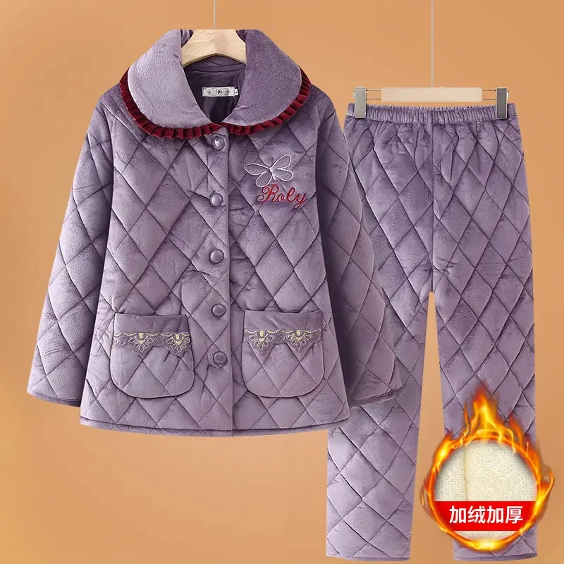 中老年人夹棉加绒加厚睡衣女妈妈秋冬家居服套装奶奶装珊瑚绒睡袄