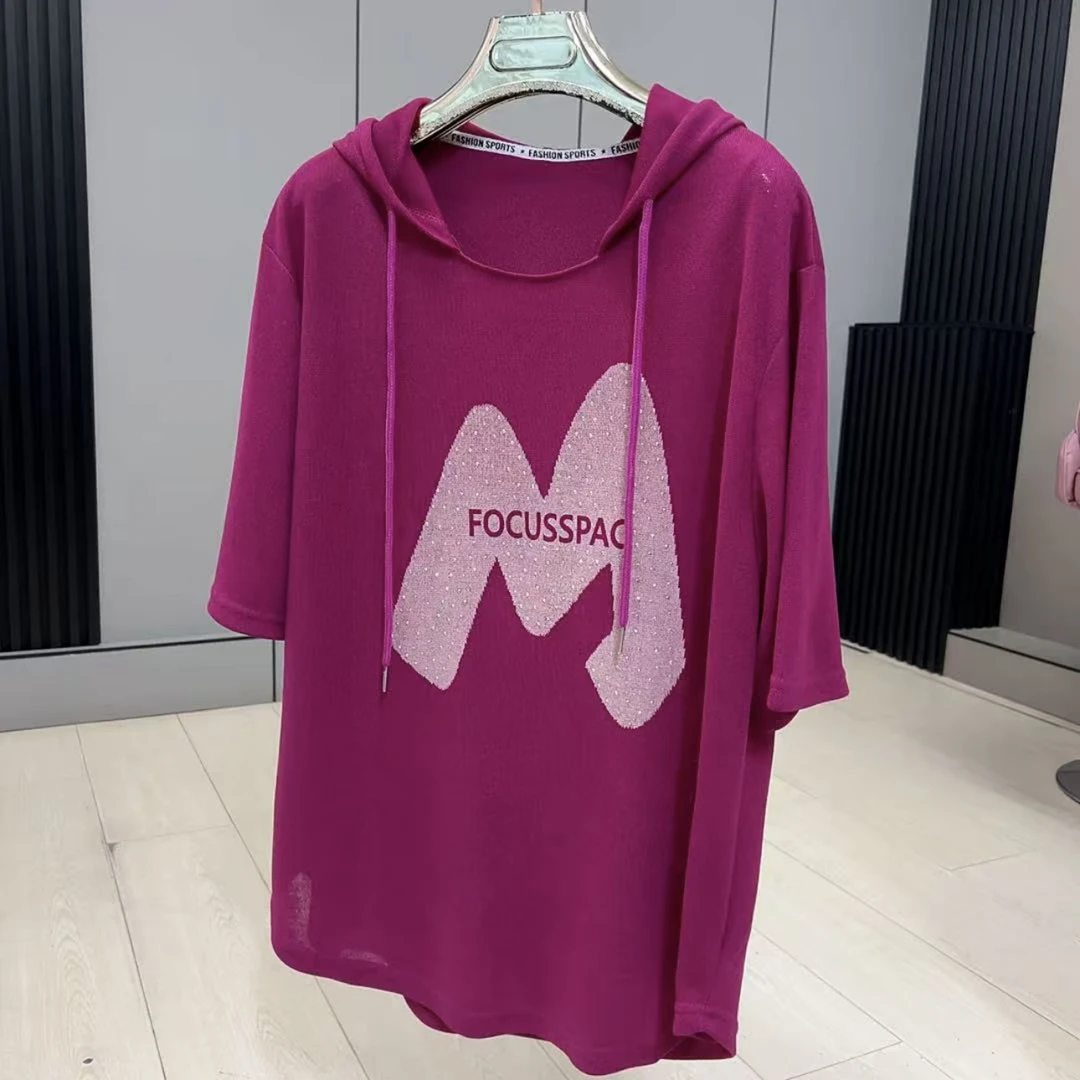 8866+大码女装春夏季新款洋气减龄连帽显瘦百搭半袖衫