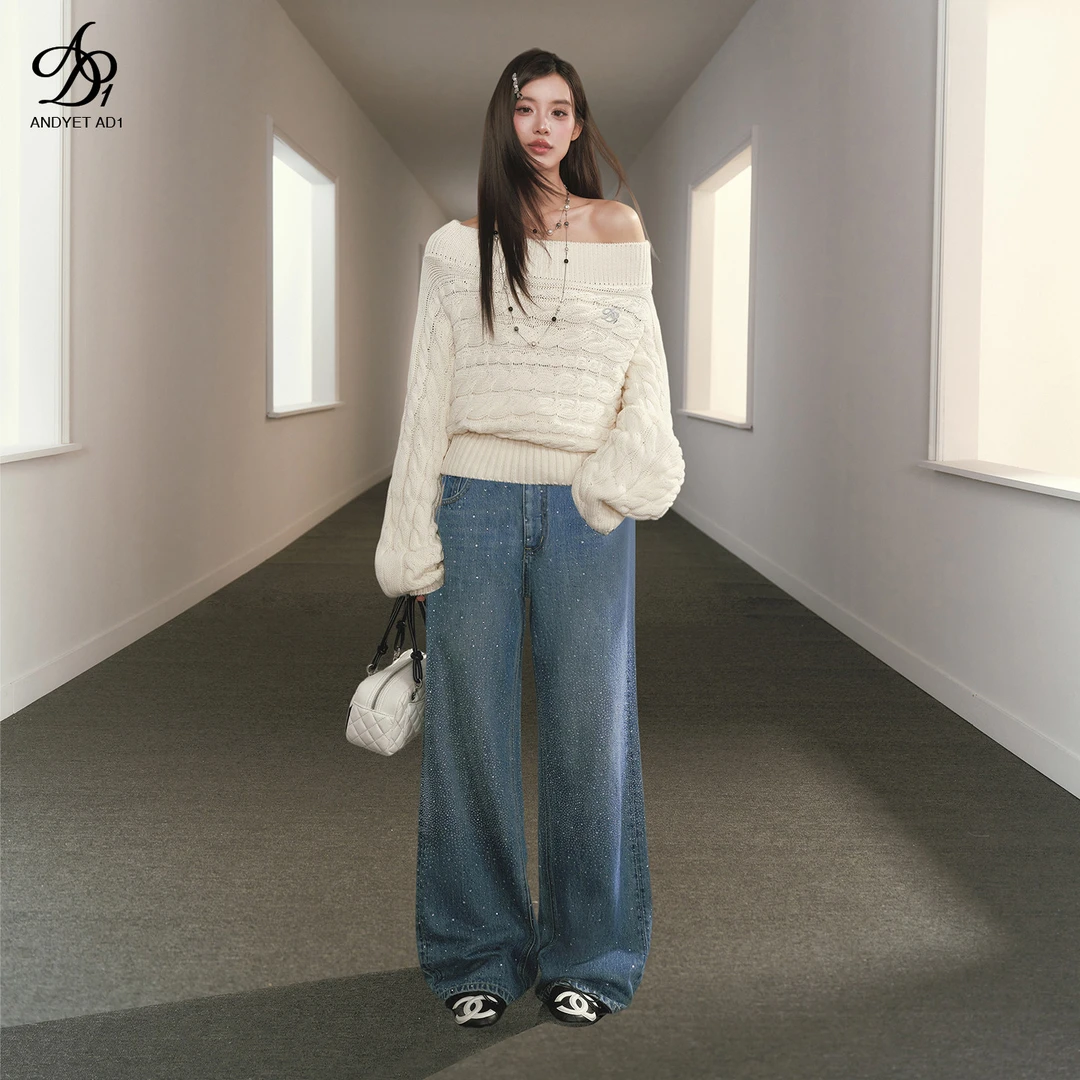 ANDYET AD1满天星牛仔裤宽松直筒拖地裤高腰显瘦百搭休闲时尚复古