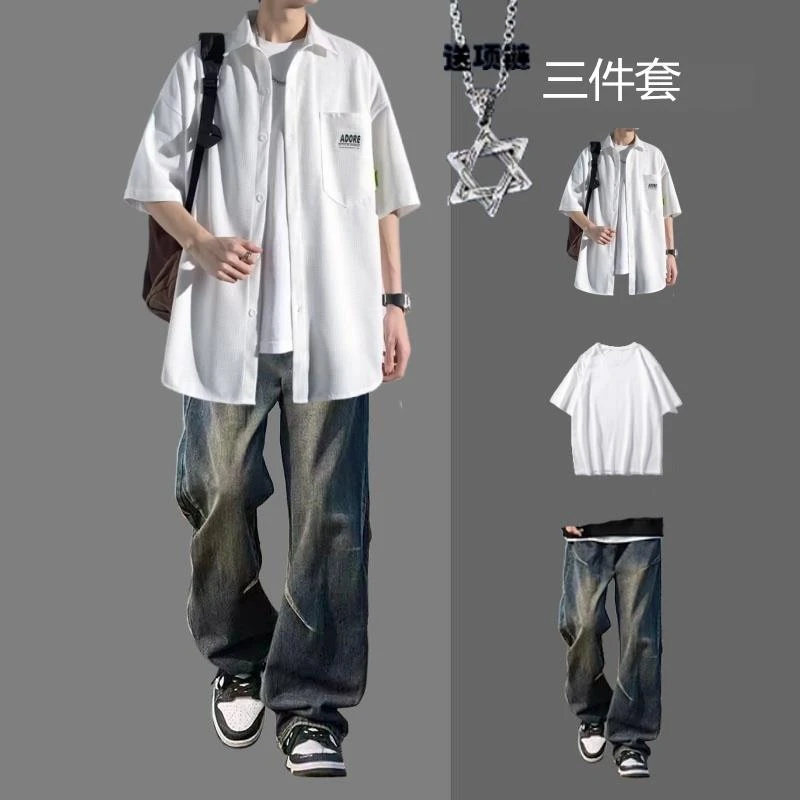 华夫格男士衬衫夏季短袖外套港风设计感帅气休闲搭配一套痞帅衬衣