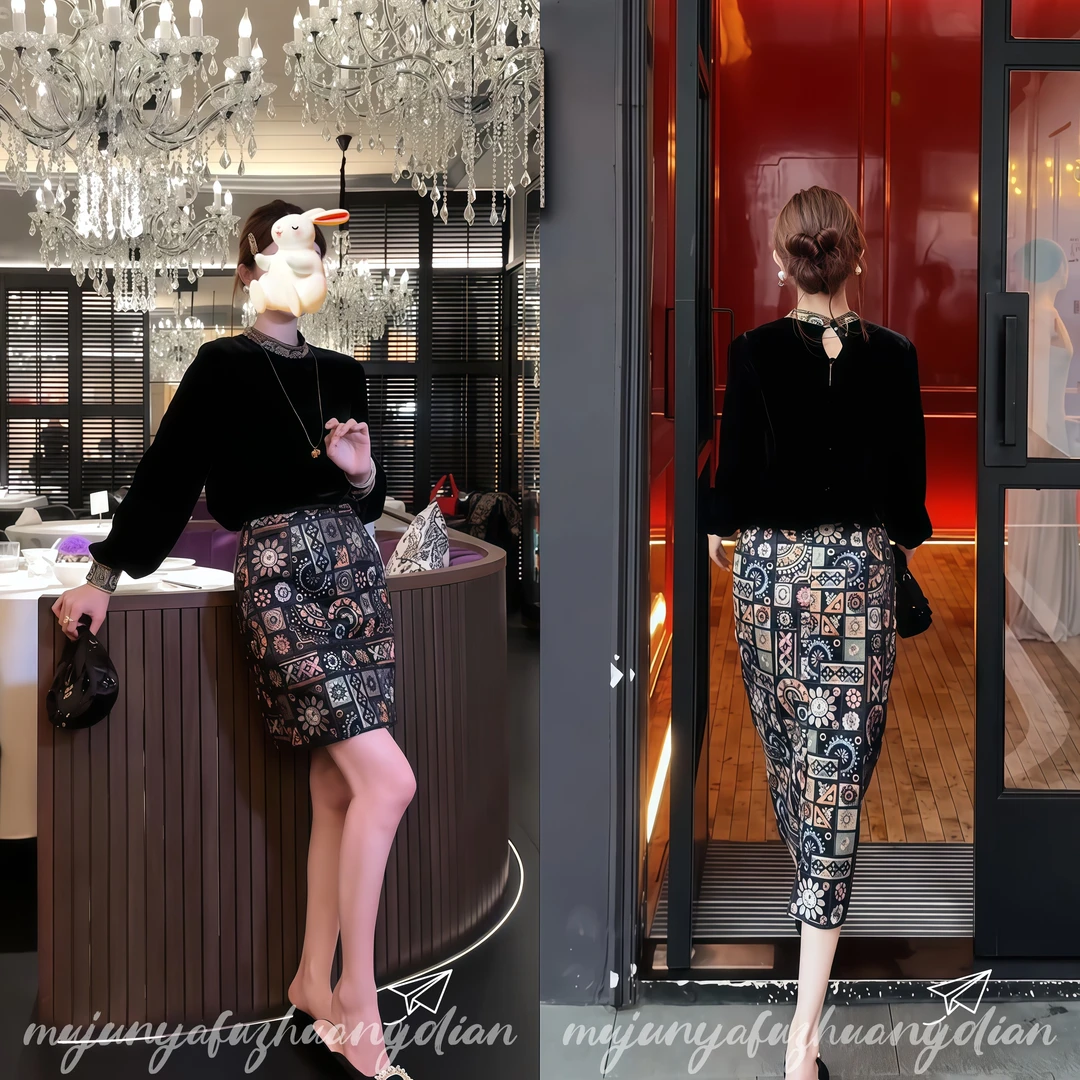 高级感名媛装2025年秋冬新款花边圆领灯笼袖上衣高腰半身裙套装