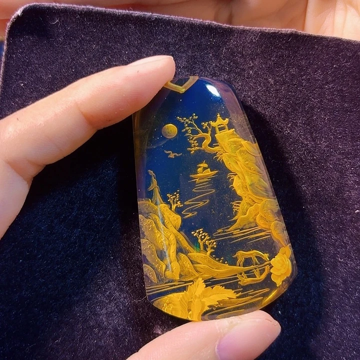 未镶嵌蓝珀珠宝奇石墨西哥蓝珀山水牌