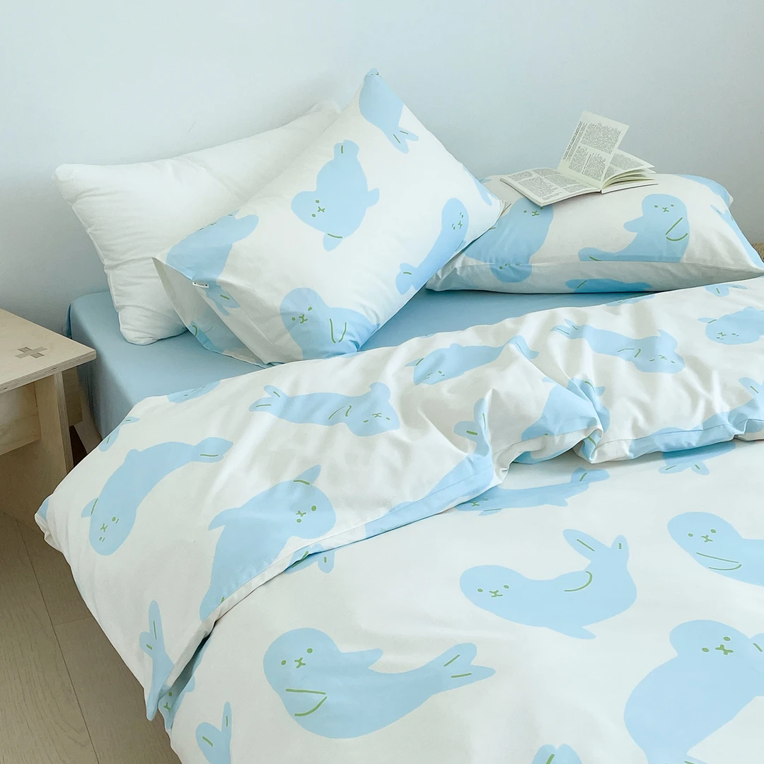 海豹噜噜 趣味原创可爱卡通床单四件套全棉蓝色小海豹被套学生床