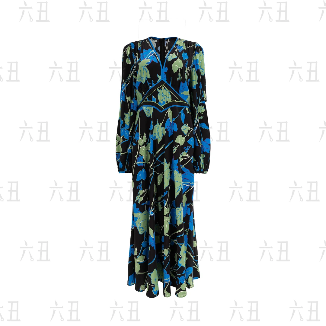 【六丑】新款春夏时尚气质收腰显V领瘦绿蓝碎花连衣裙501LYQ0702